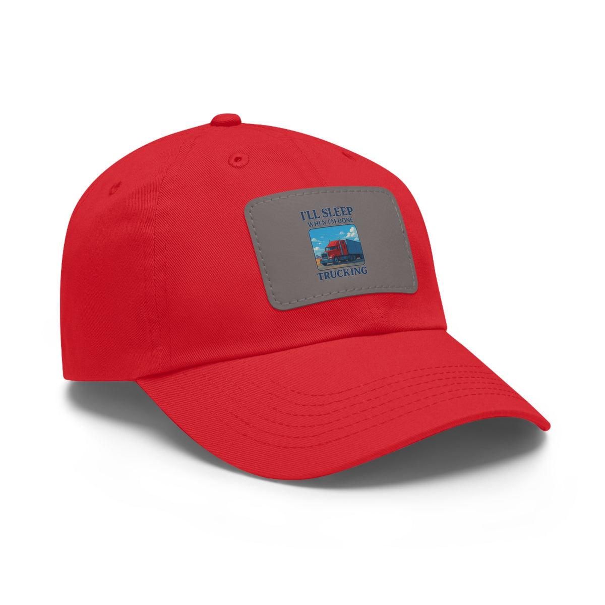 White trucking dad hat with light brown leather patch and full sleep design, casual hat by Printify with adjustable fit.