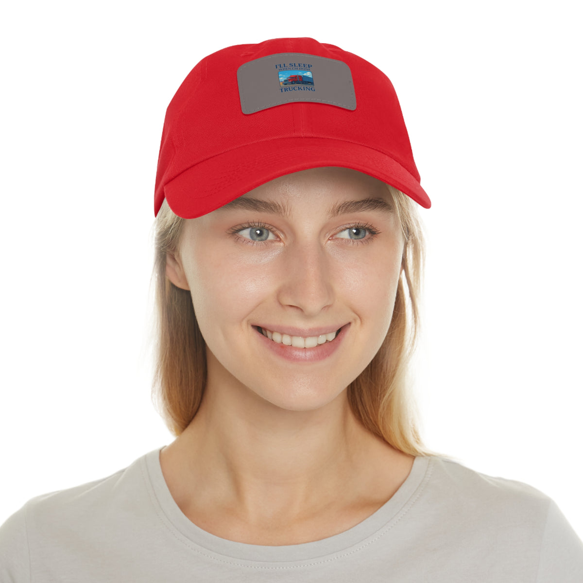 White trucking dad hat with light brown leather patch and full sleep design, casual style, made by Printify.