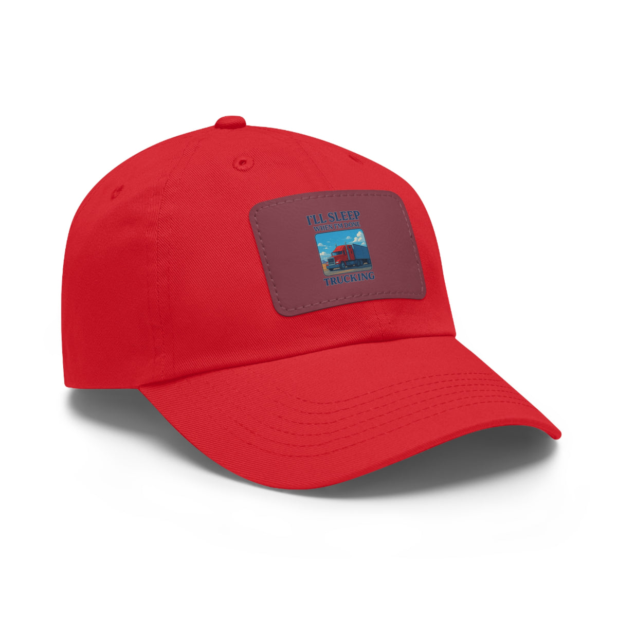 White trucking dad hat with light brown leather patch featuring a full sleep design, casual hat by Printify.