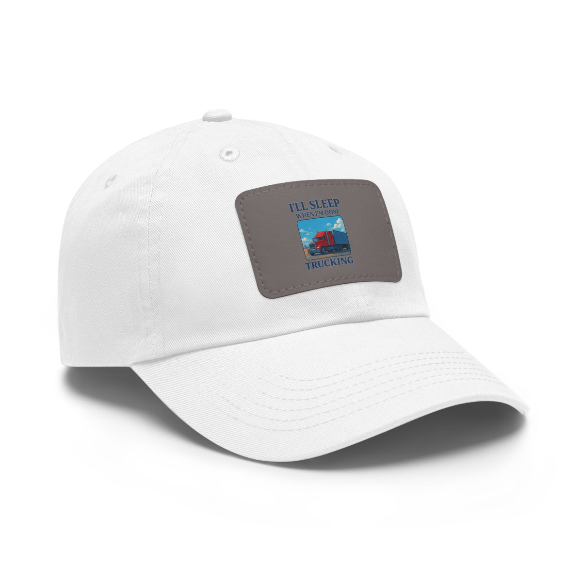 White trucking dad hat with light brown leather patch featuring a full sleep design, casual hat by Printify.