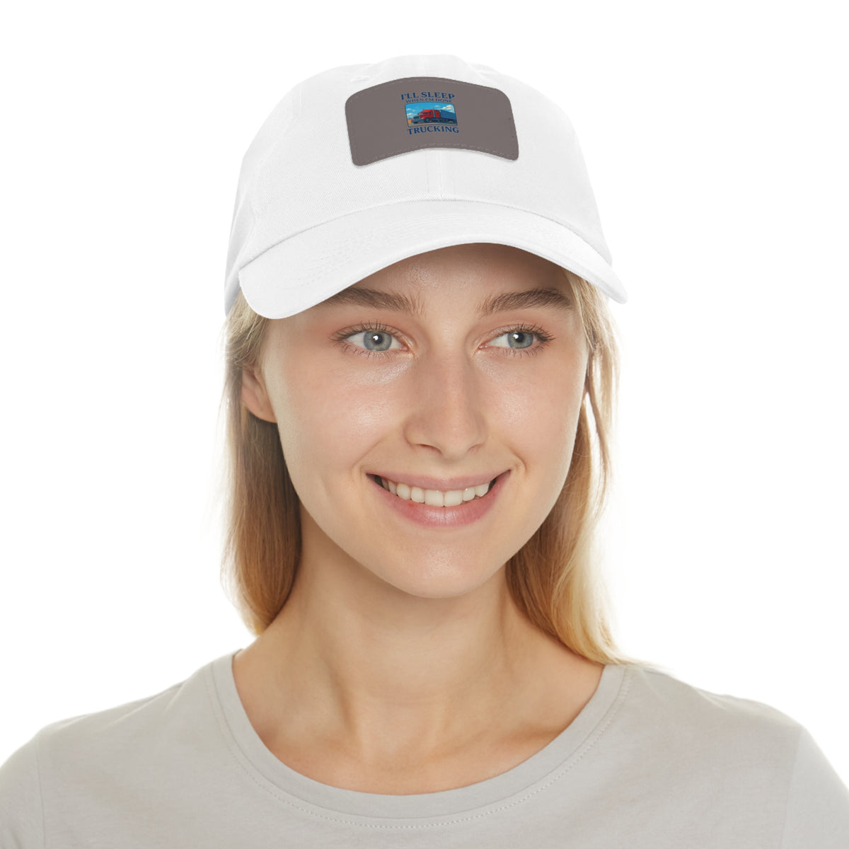 White trucking dad hat with light brown leather patch and full sleep design, casual hats by Printify featuring adjustable fit.