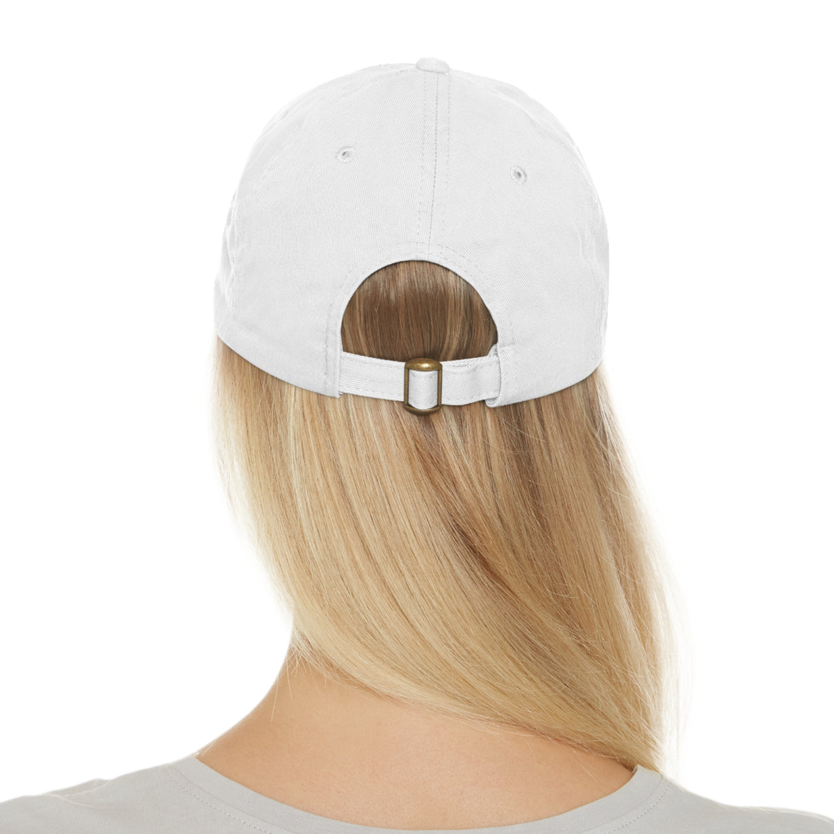 White trucking dad hat with a light brown leather patch and full sleep design, casual hat by Printify.