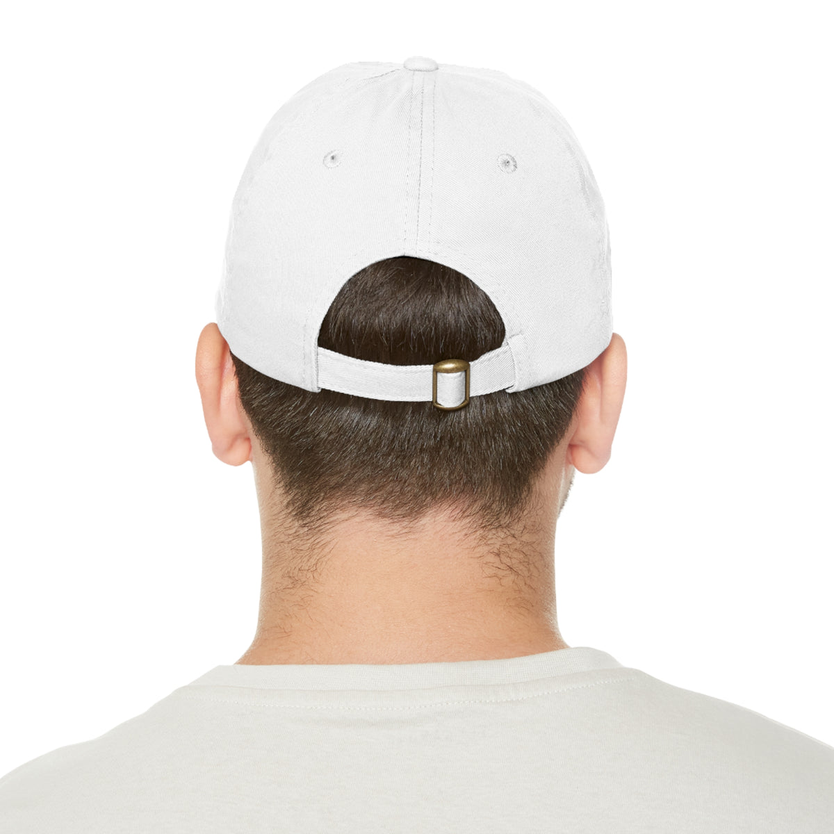 White trucking dad hat with leather patch featuring full sleep design, casual hat by Printify with adjustable fit.