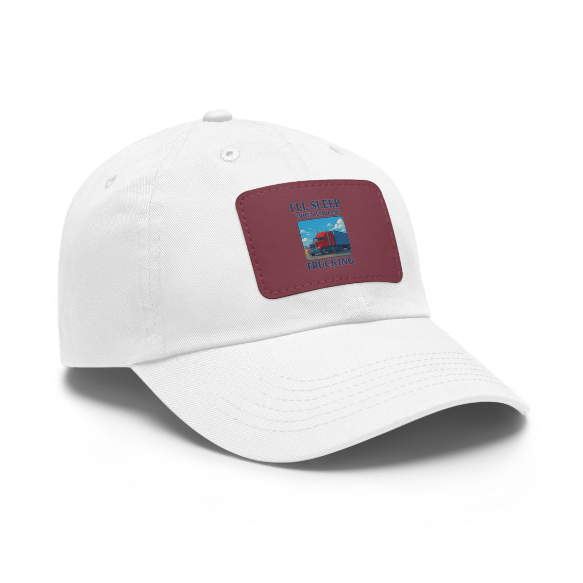 White trucking dad hat with a light brown leather patch featuring a full sleep design, casual hat by Printify.