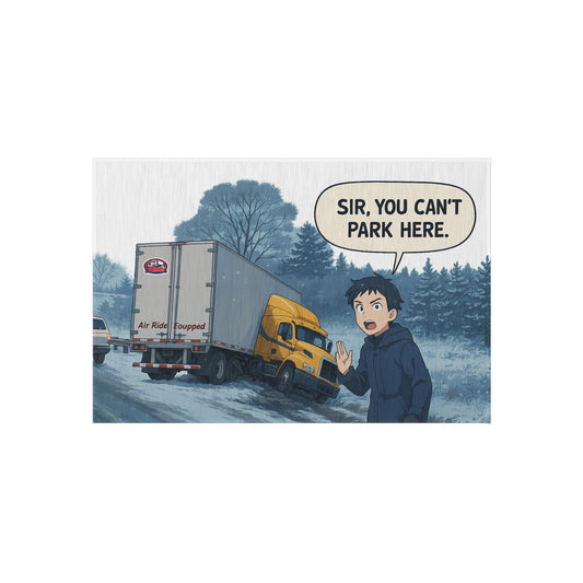 Whimsical outdoor rug by Printify featuring a humorous "Sir, You Can't Park Here" design, ideal for outdoor home decor.