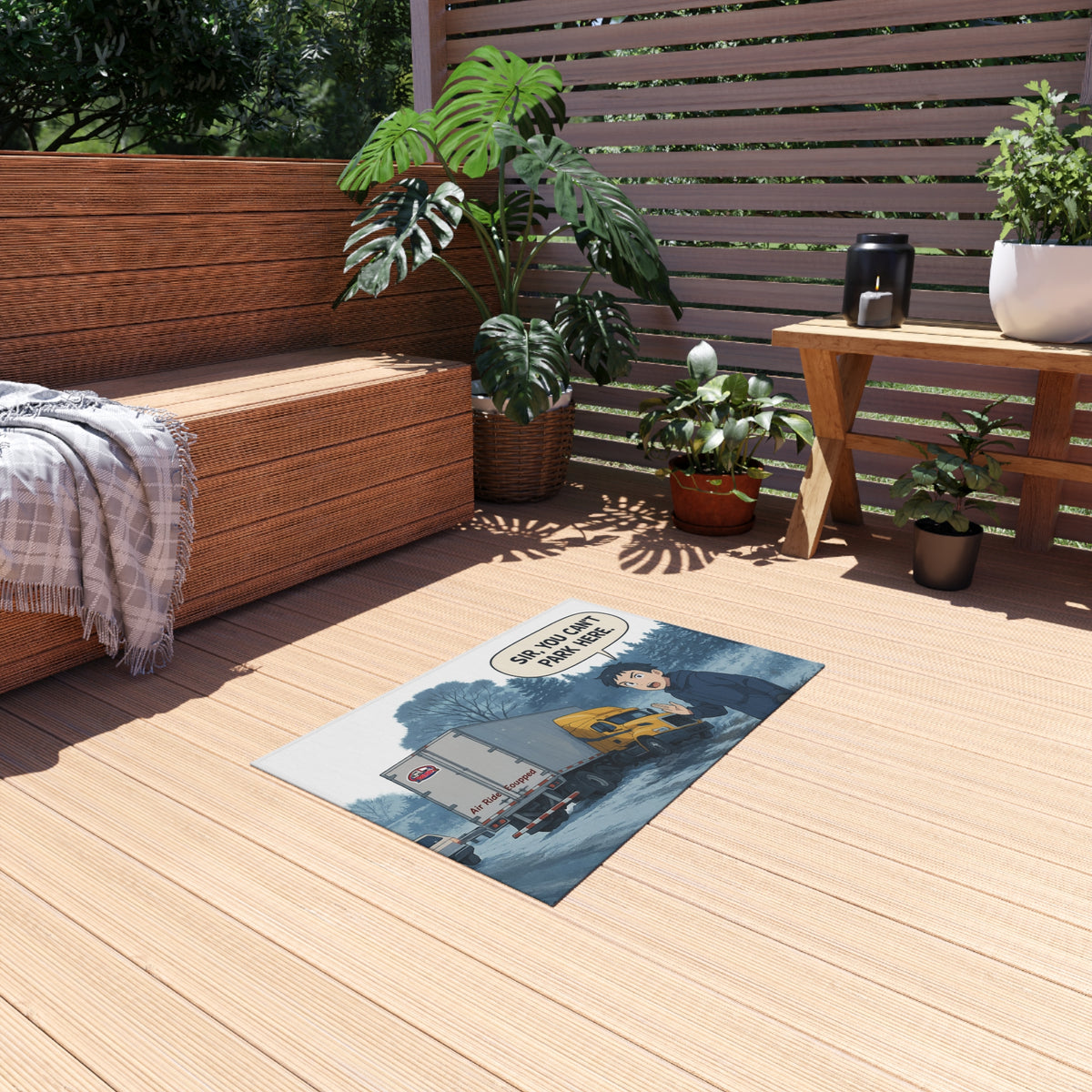 Whimsical outdoor rug with "Sir, You Can't Park Here" design, home decor by Printify, 24x36 inches, colorful and playful pattern.