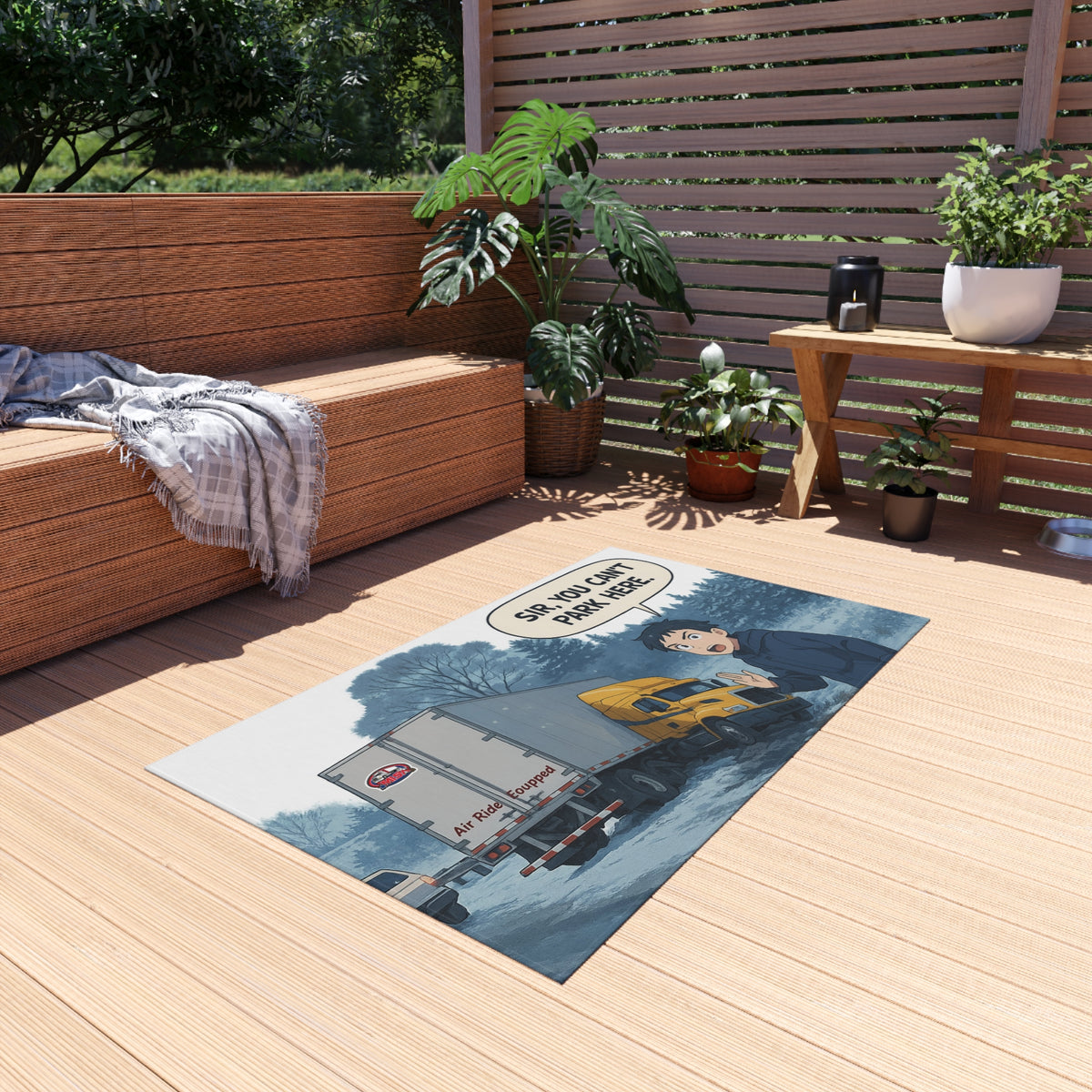 Whimsical outdoor rug by Printify featuring a humorous "Sir, You Can't Park Here" design, suitable for outdoor home decor.