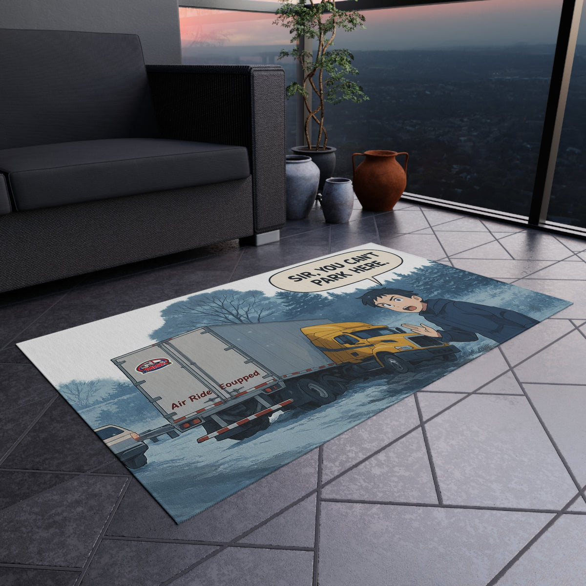 Whimsical outdoor rug by Printify with 'Sir, You Can't Park Here' design, suitable for outdoor home decor, 24x36 inches.