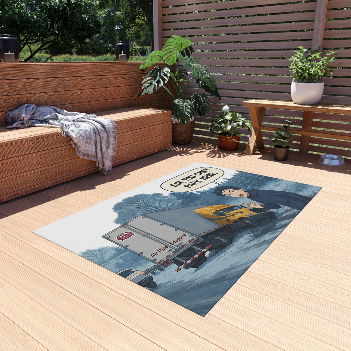 Whimsical outdoor rug with "Sir, You Can't Park Here" design, durable home decor rug for outdoor spaces, by Printify