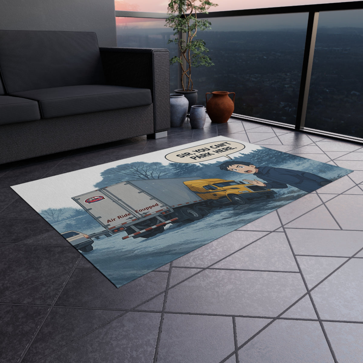 Whimsical outdoor rug with "Sir, You Can't Park Here" design, home decor by Printify, 24x36 inches, featuring humorous street sign pattern.