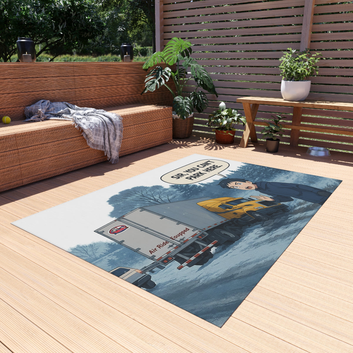 Whimsical outdoor rug with "Sir, You Can't Park Here" design, ideal for home decor, by Printify, 24x36 inches.