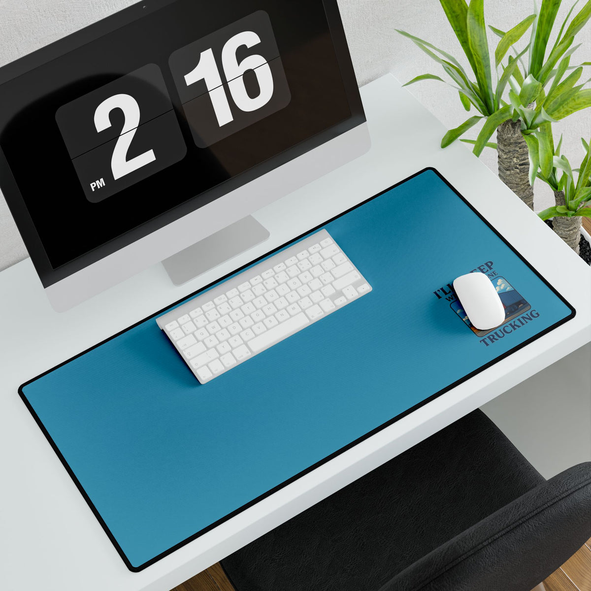 Printify truck driver desk mat with humorous "I Will Sleep When I'm Done Trucking" slogan, ideal for office or home decor.