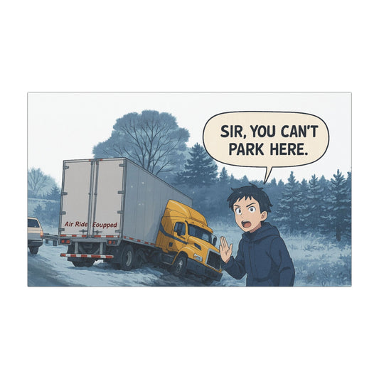 Funny car magnet with "Sir, You Can't Park Here" humor message, humorous auto decor, ideal for vehicle or fridge decoration.