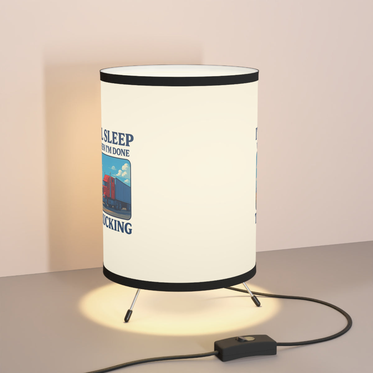Black trucker lamp with high-resolution printed shade featuring "I'll Sleep When I'm Done" design, ideal for home decor.