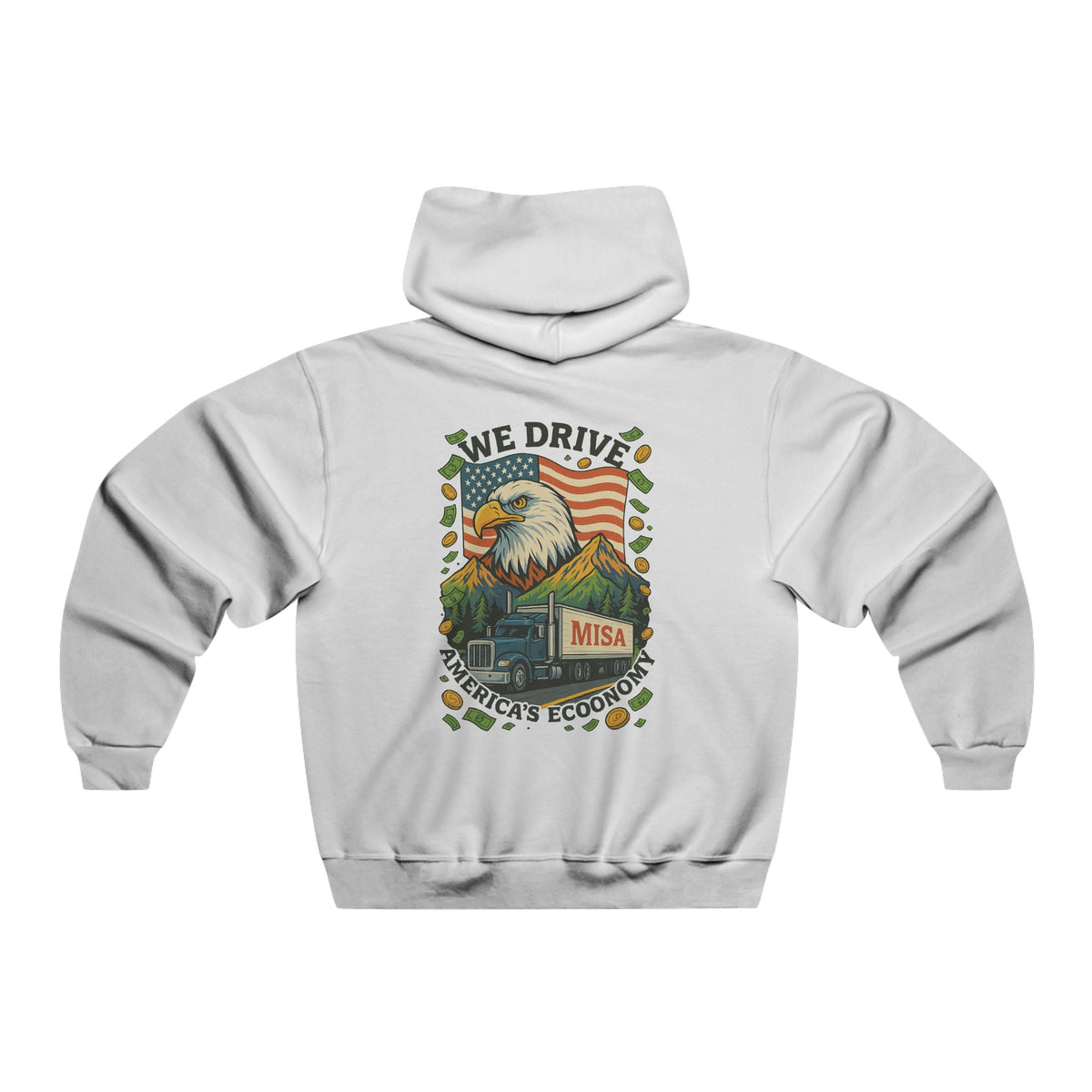 Men's NUBLEND hoodie with "We Drive America's Economy" graphic, athletic heather fabric, casual sweatshirt by Printify.
