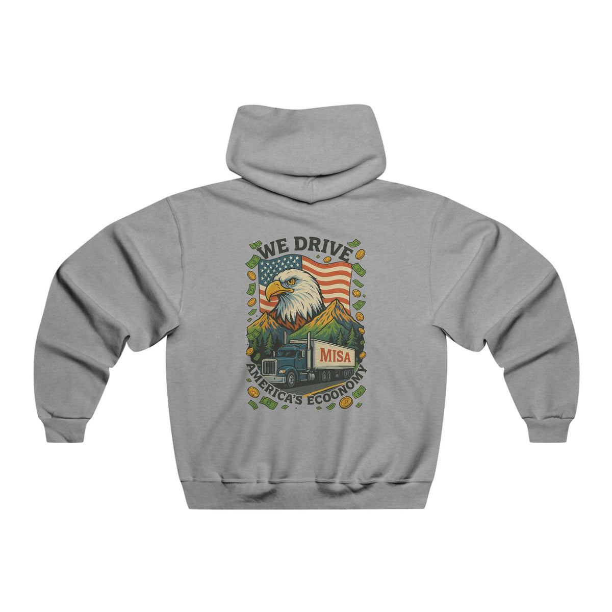 Men's NUBLEND hoodie with "We Drive America's Economy" graphic, athletic heather fabric, from Printify.