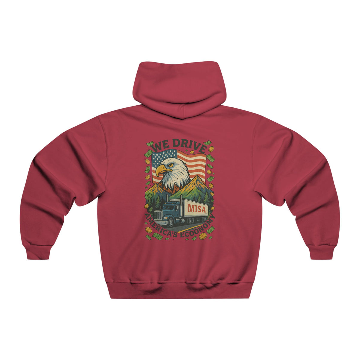 Men's NUBLEND hoodie featuring "We Drive America's Economy" graphic in athletic heather, casual sweatshirt with print design.