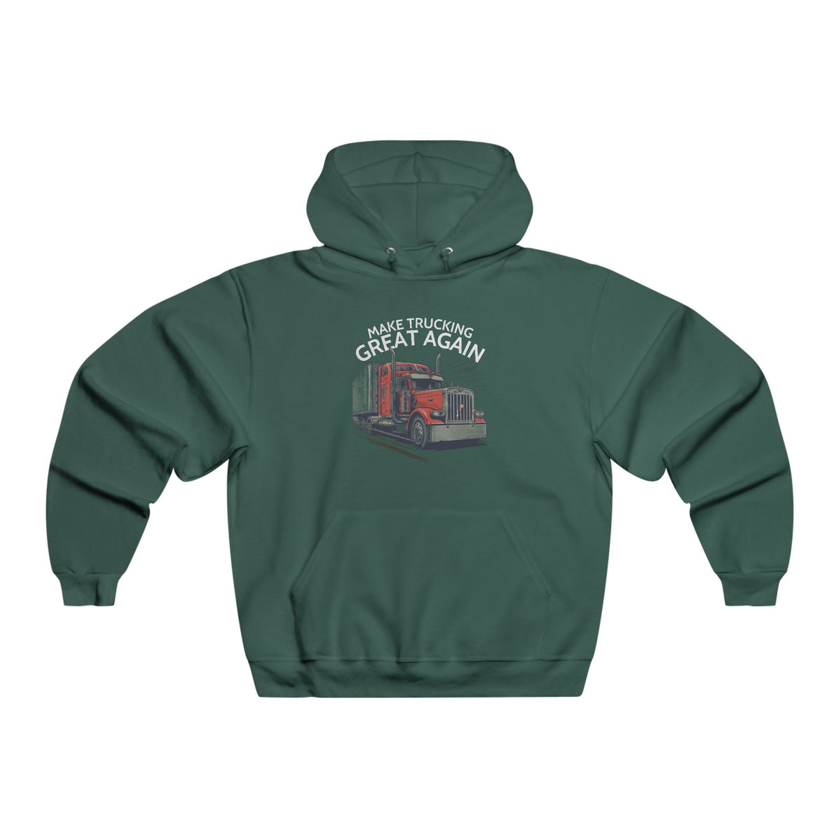 Vintage Heather hoodie featuring a semi-truck graphic with "Trucking Great Again" text, by Printify.