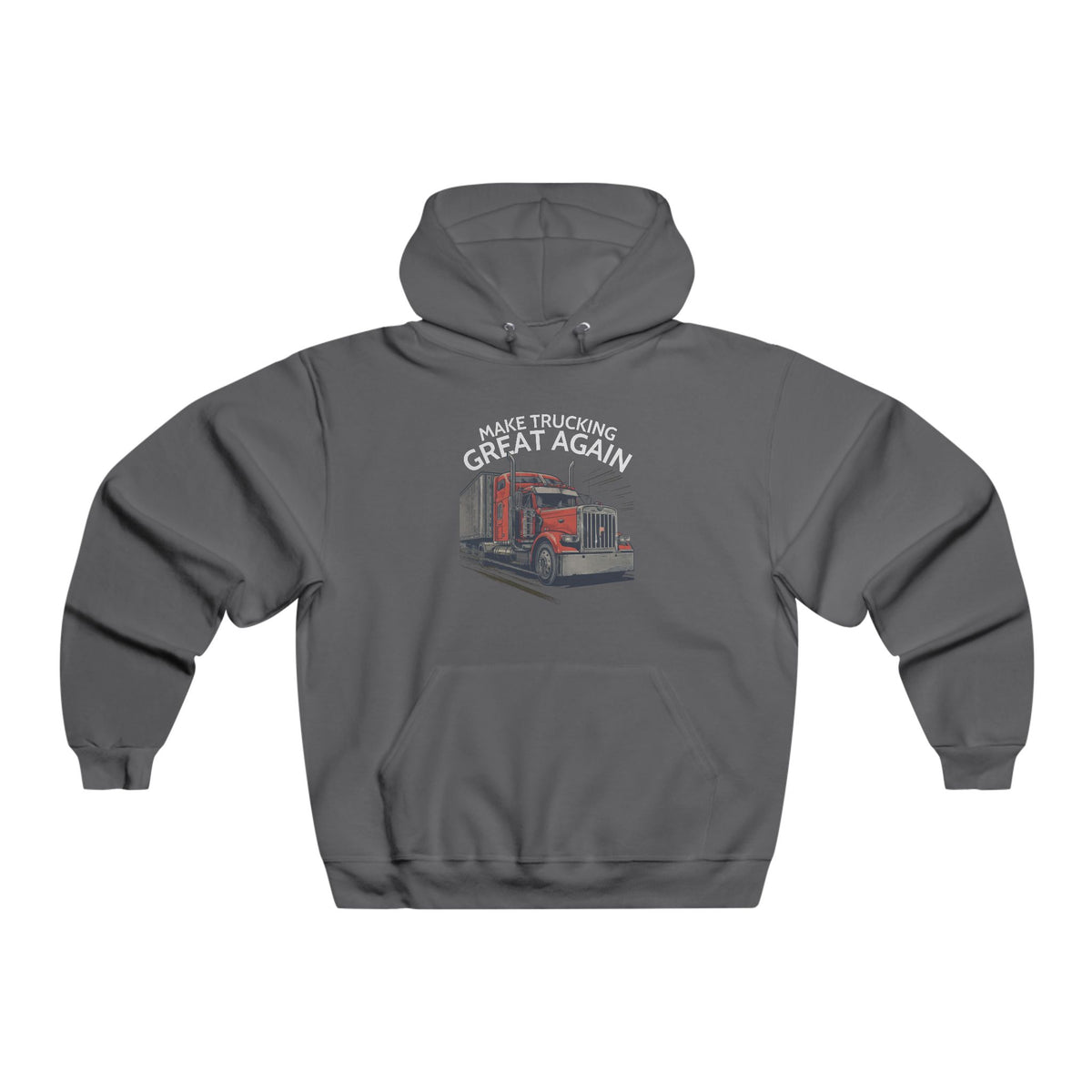 Vintage heather gray hoodie with semi-truck graphic and "Trucking Great Again" text, featuring a comfortable pullover design.