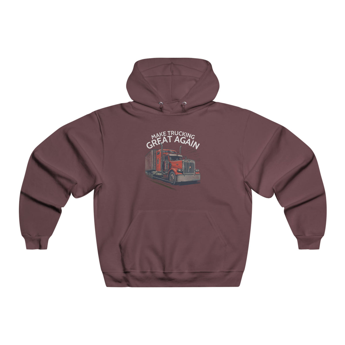 Vintage Heather Hoodie featuring a semi-truck graphic and "Trucking Great Again" slogan, by Printify.
