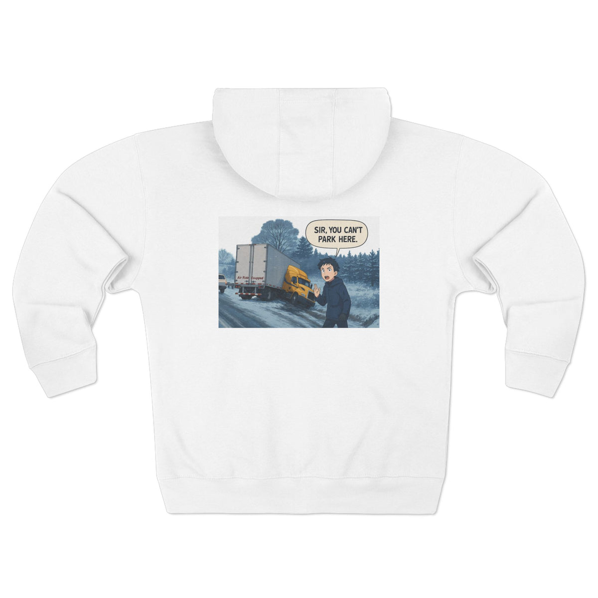 Black unisex zip hoodie with humorous "Sir, You Can't Park Here" graphic print, casual and comfortable sweatshirt by Printify.