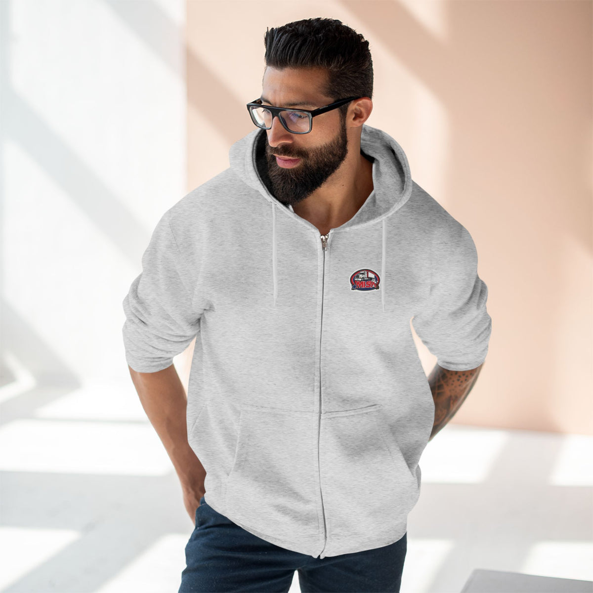 Black unisex zip hoodie with "Sir, You Can't Park Here" graphic print, casual hoodie by Printify, shown on a model.