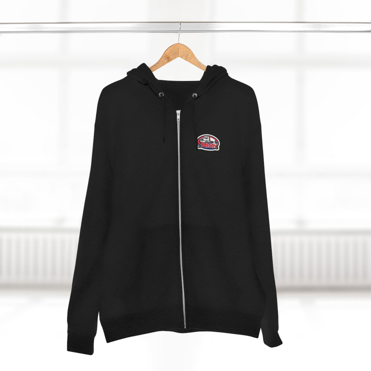 Black unisex zip hoodie with a humorous "Sir, You Can't Park Here" graphic print, by Printify.