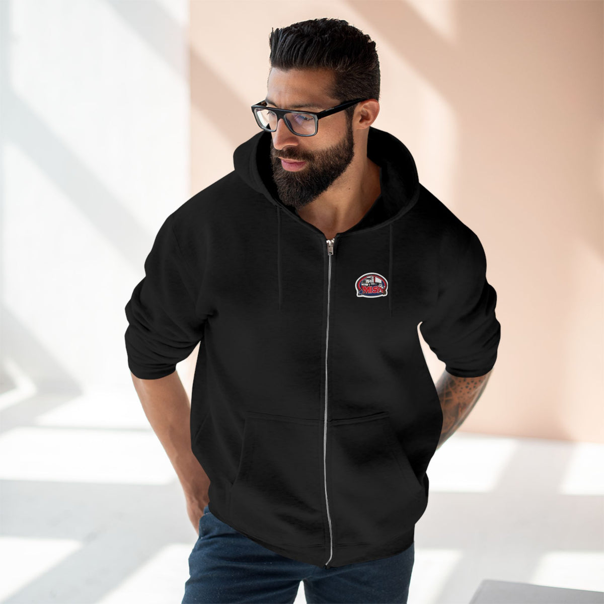 Black unisex zip hoodie with humorous "Sir, You Can't Park Here" graphic print, casual sweatshirt by Printify.