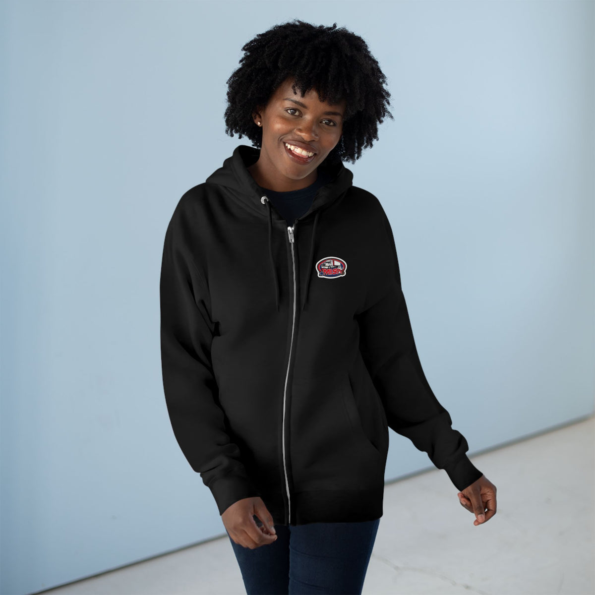 Black unisex zip hoodie with humorous "Sir, You Can't Park Here" graphic print, casual sweatshirt by Printify.