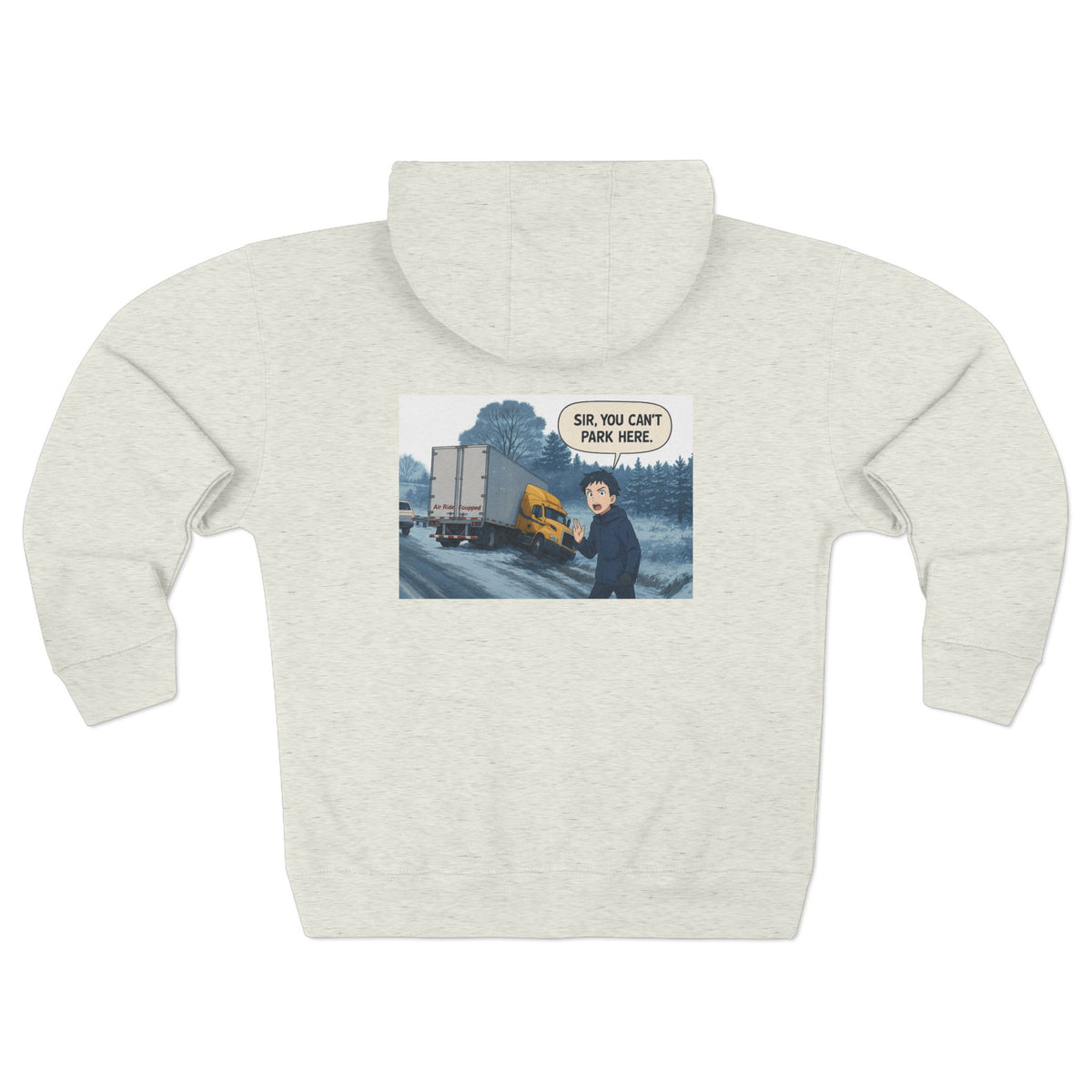 Black unisex zip hoodie with humorous "Sir, You Can't Park Here" graphic print from Printify, casual and comfortable sweatshirt.