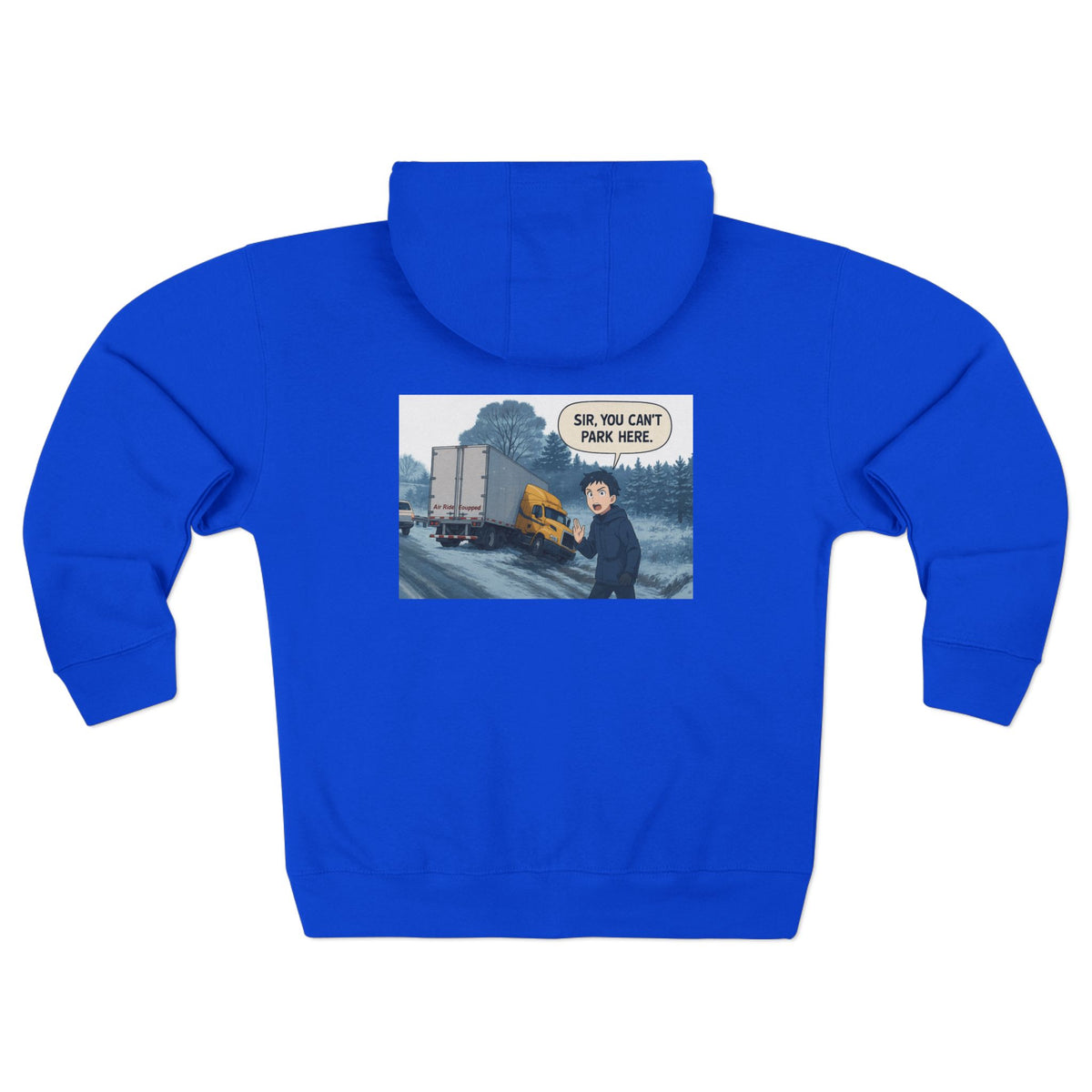 Black unisex zip hoodie featuring a humorous "Sir, You Can't Park Here" graphic design from Printify.