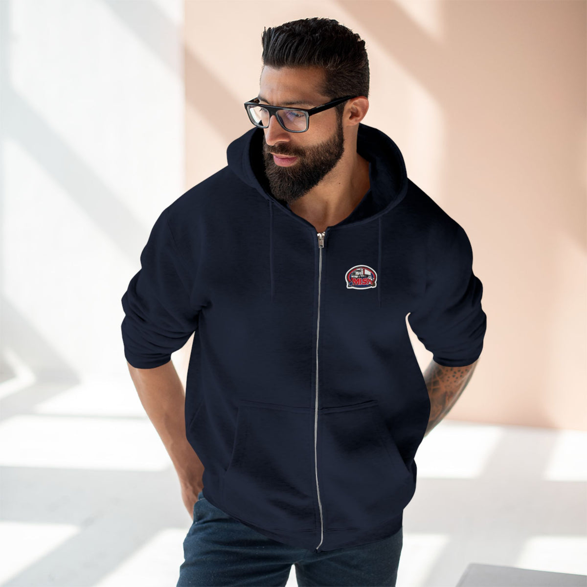 Black unisex zip hoodie with humorous "Sir, You Can't Park Here" graphic print, casual and comfortable streetwear style.