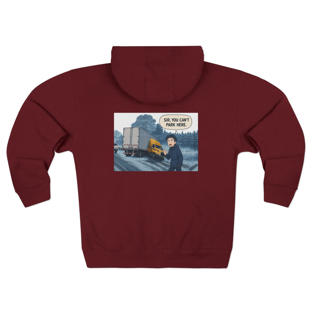 Black unisex zip hoodie with humorous "Sir, You Can't Park Here" graphic print, casual and comfortable sweatshirt by Printify.