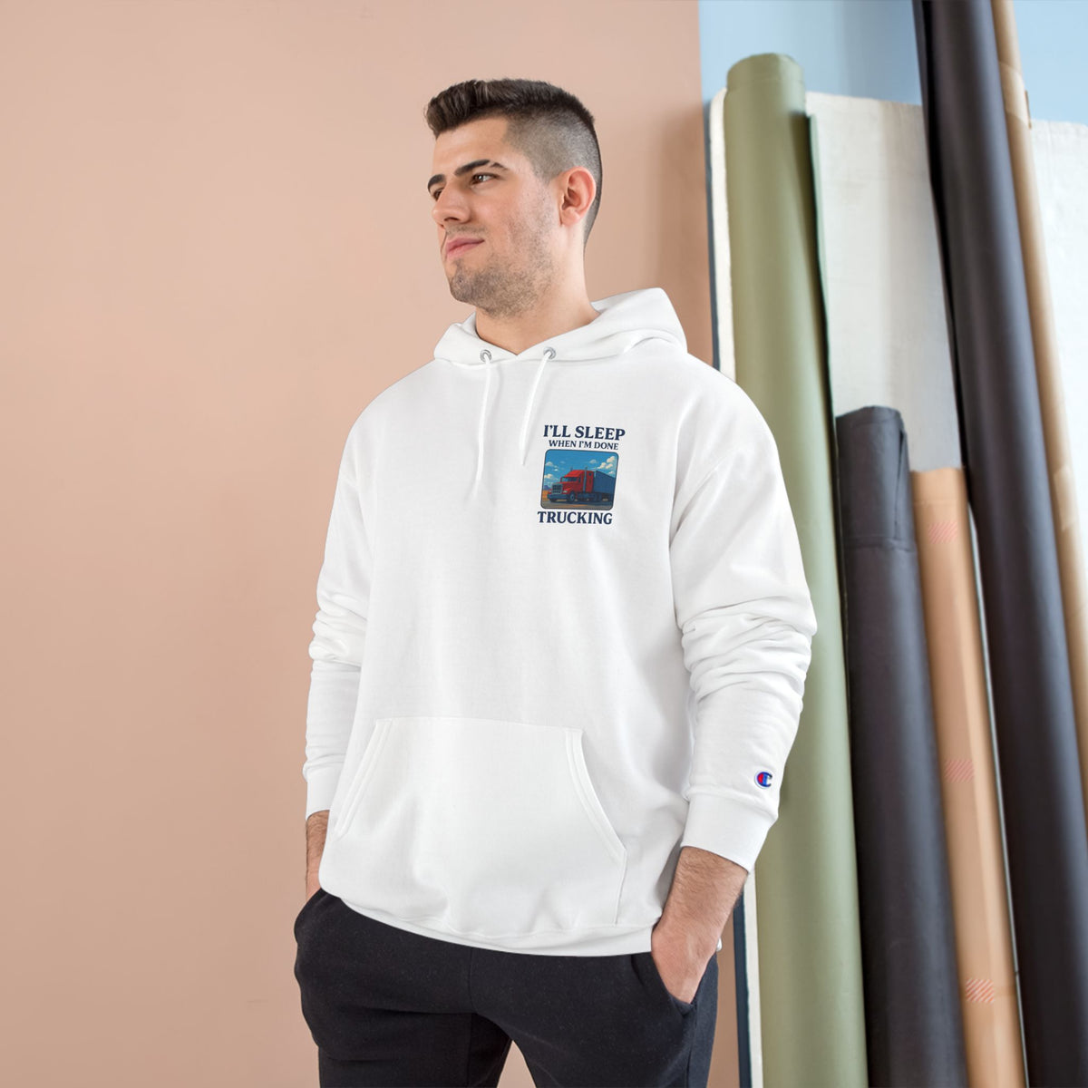 Light steel truck driver hoodie with motivational "I'll Sleep When I'm Done" slogan, casual and comfortable printify hoodie for drivers.