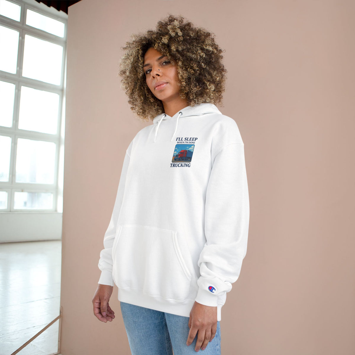 Light steel truck driver hoodie with motivational text "I'll Sleep When I'm Done" by Printify, featuring a comfortable fit and truck graphic.
