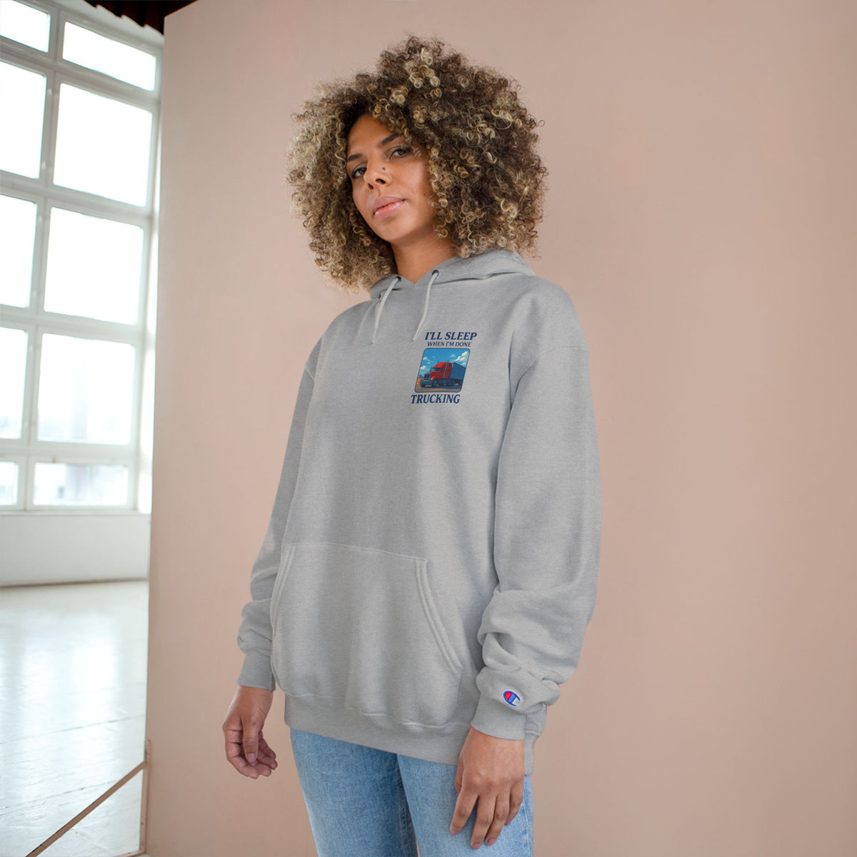 Light steel truck driver hoodie with motivational text "I'll Sleep When I'm Done" by Printify, casual and comfortable apparel.