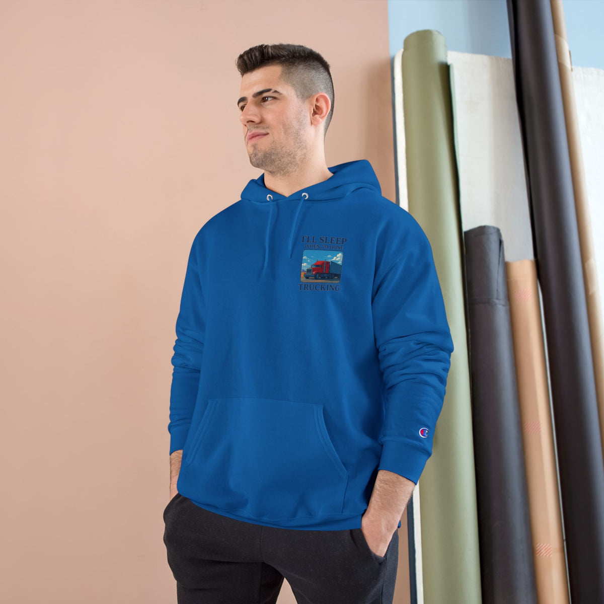 Light steel truck driver hoodie with motivational text "I'll Sleep When I'm Done" by Printify, showcasing casual comfort and truck driver theme.