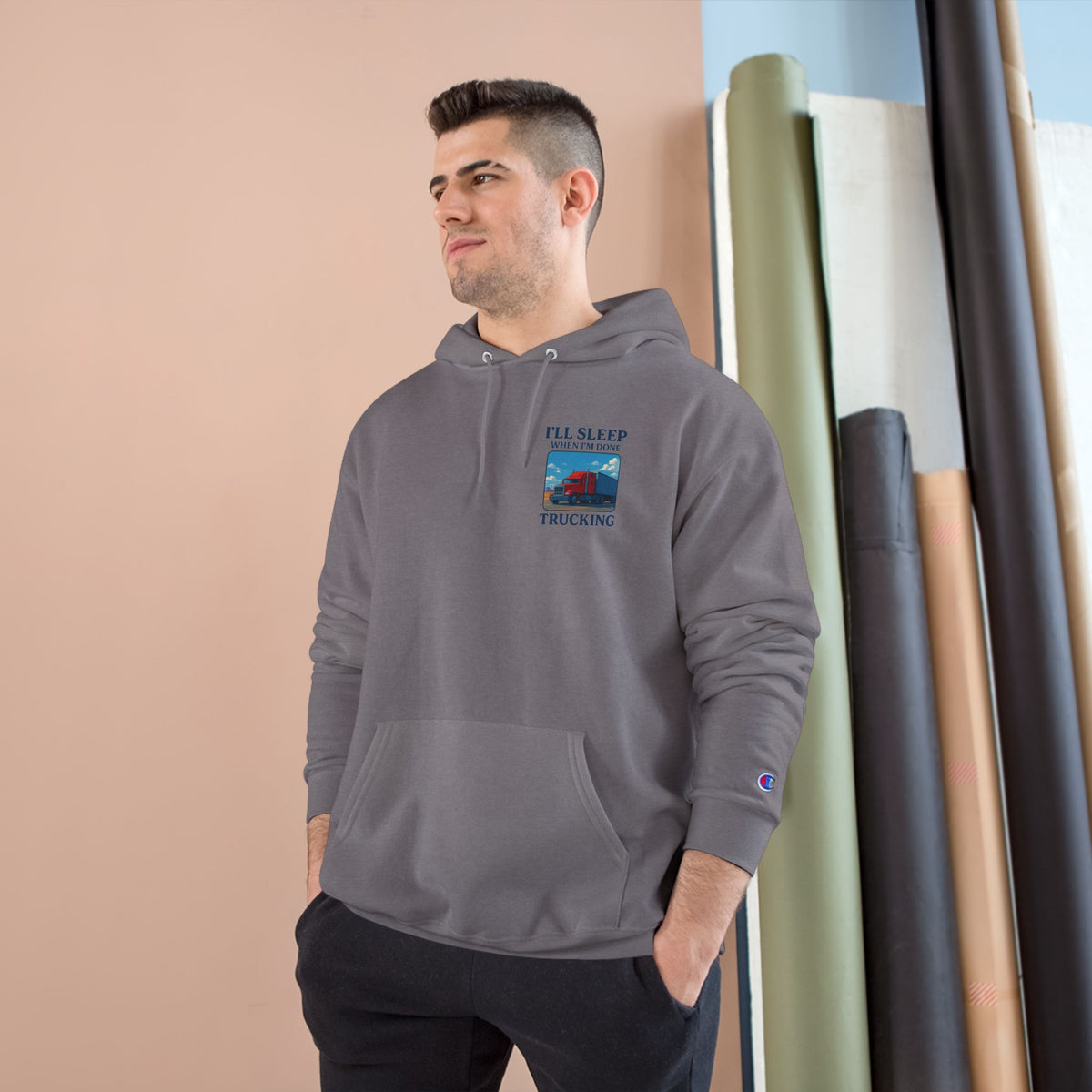 Light steel truck driver hoodie with "I'll Sleep When I'm Done" motivational slogan, featuring a comfortable fit and casual style.