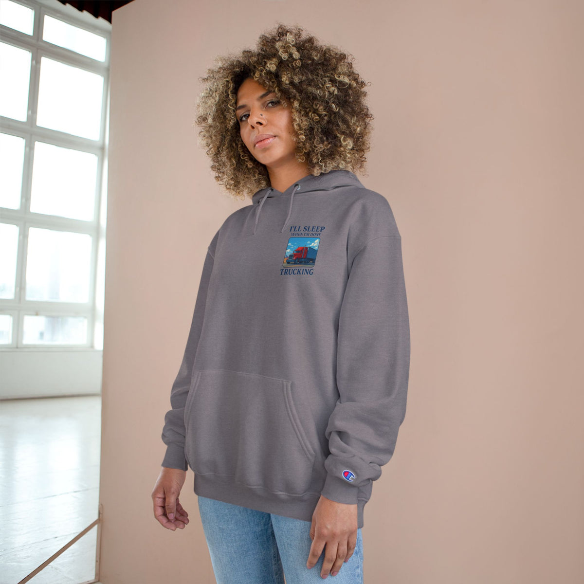 Light steel truck driver hoodie with motivational text "I'll Sleep When I'm Done" by Printify, featuring a comfortable hoodie design.