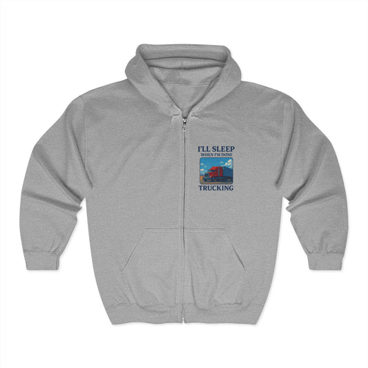 Navy Truckers' Dream Full Zip Hoodie by Printify featuring "I'll Sleep When I'm Dead" design and casual zip-up style.