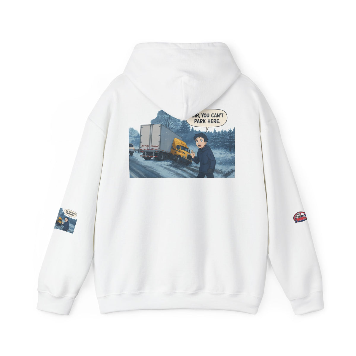 Unisex gray heavy blend hoodie with "You Can't Park Here" funny design by Printify, casual and comfortable sweatshirt.