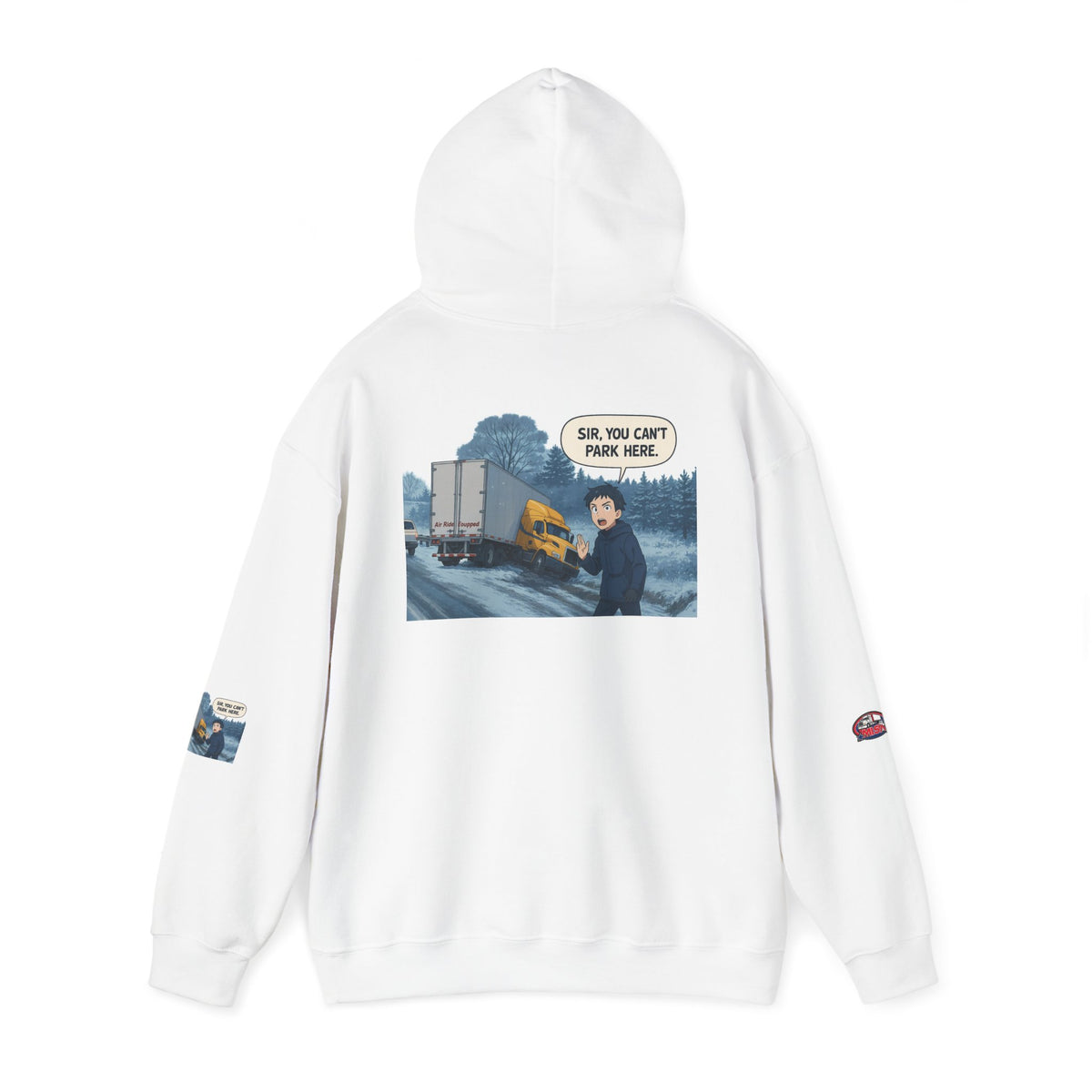 Unisex heavy blend hoodie with "You Can't Park Here" funny design, featuring a hood and casual fit, by Printify.