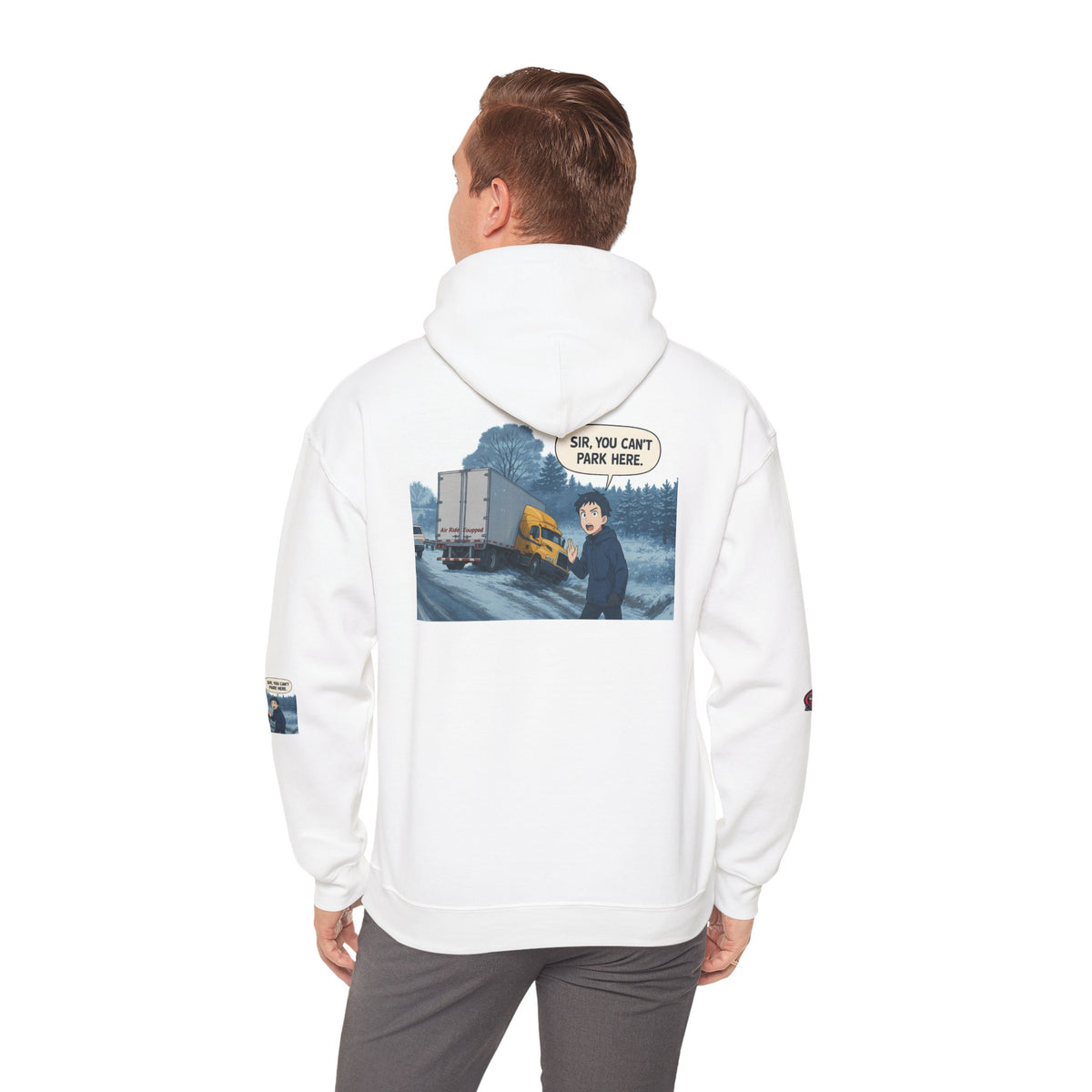 Unisex Ash Heavy Blend Hoodie by Printify featuring a humorous "You Can't Park Here" design on the front.