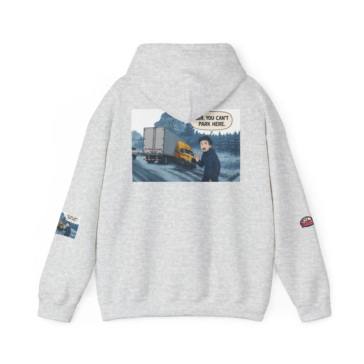 Funny unisex heavy blend hoodie with "You Can't Park Here" design, casual sweatshirt with hood, by Printify.