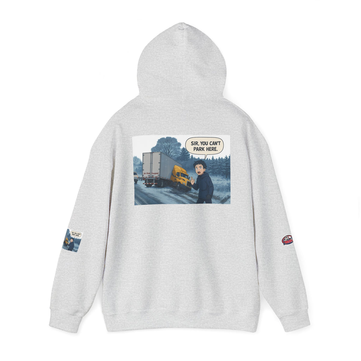 Unisex heavy blend hoodie with "You Can't Park Here" humorous design, in ash color, by Printify.