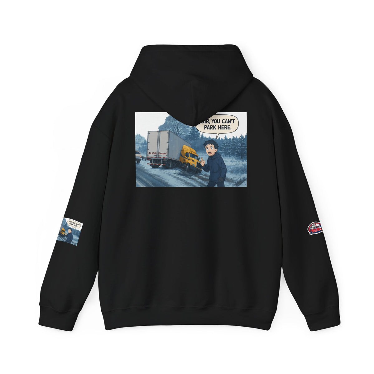Unisex heavy blend hoodie with "You Can't Park Here" funny design, in a light ash color, by Printify.