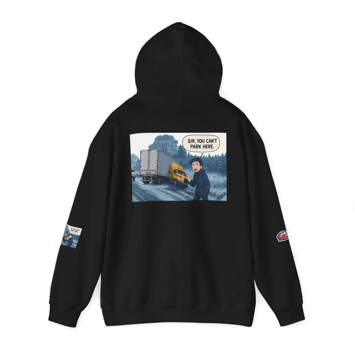 Unisex gray hoodie from Printify with humorous "You Can't Park Here" design, made from heavy blend fabric, casual and comfortable.