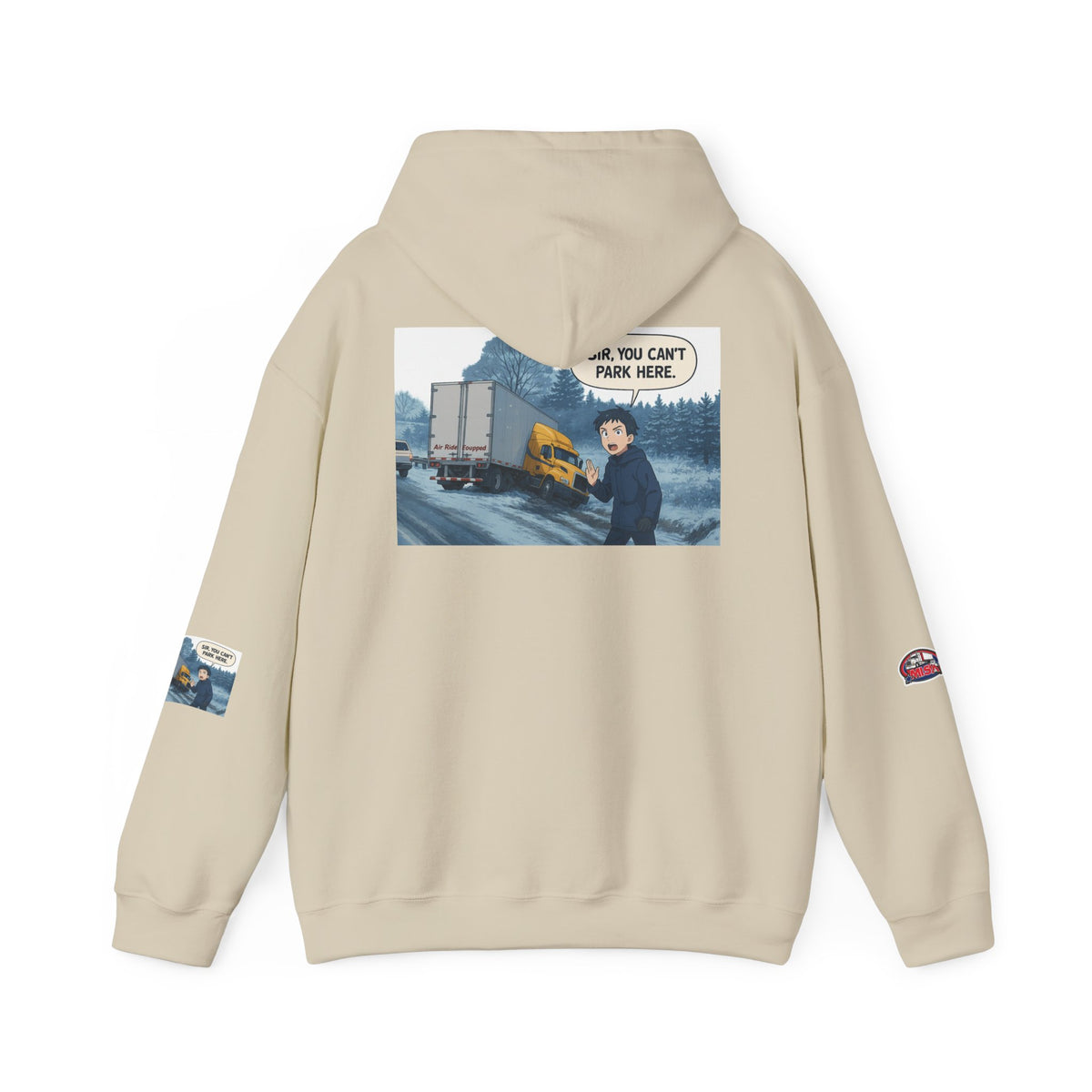 Unisex heavy blend hoodie by Printify with a humorous "You Can't Park Here" design, in ash color, featuring a front print.