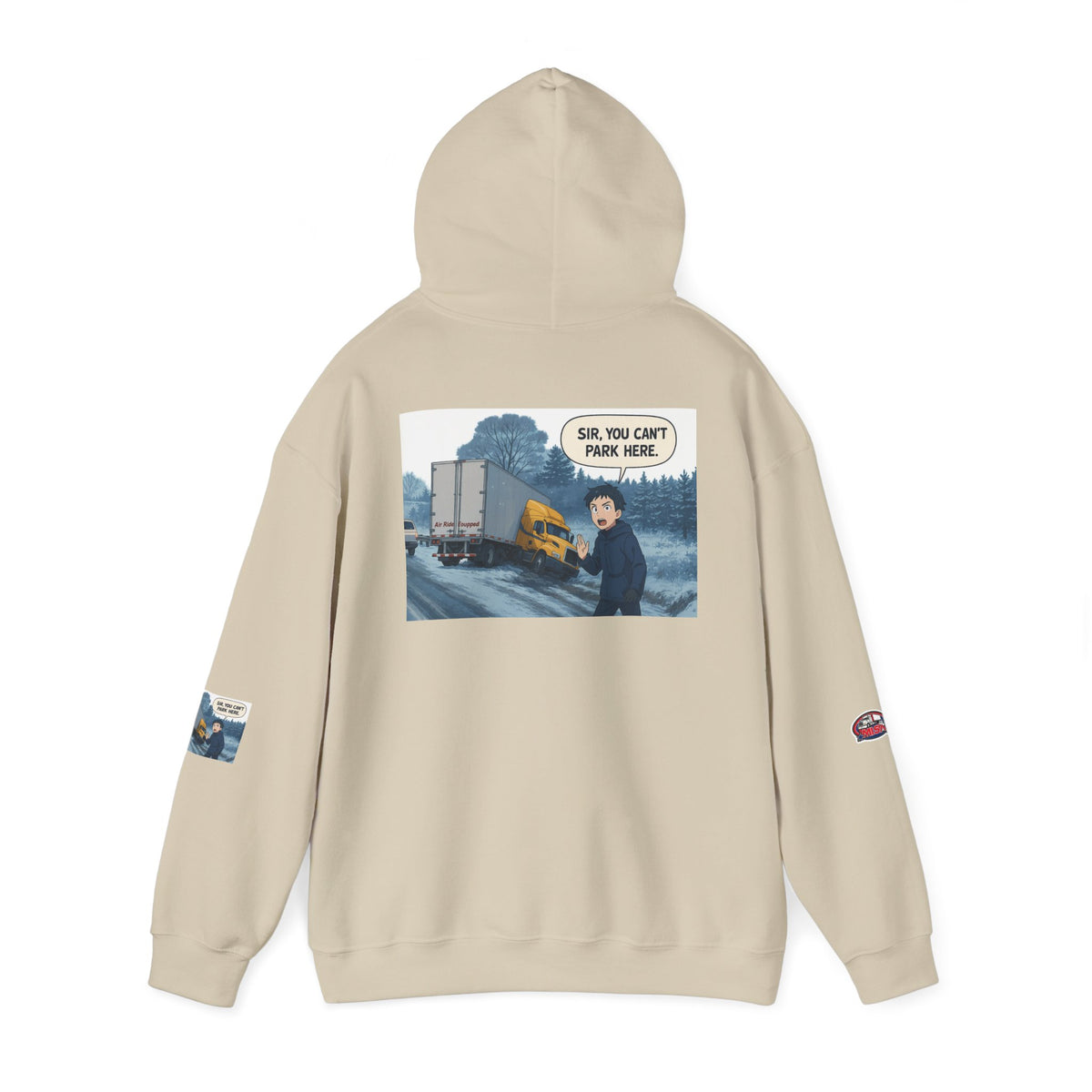 Unisex gray hooded sweatshirt with humorous "You Can't Park Here" print, made from heavy blend fabric by Printify.