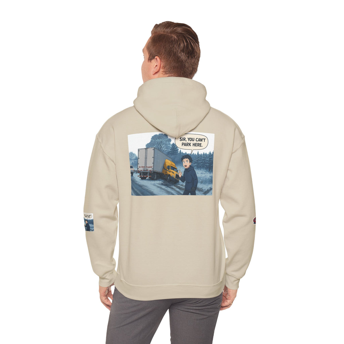 Funny unisex heavy blend hoodie by Printify featuring a "You Can't Park Here" design, with a casual ash-colored fabric.